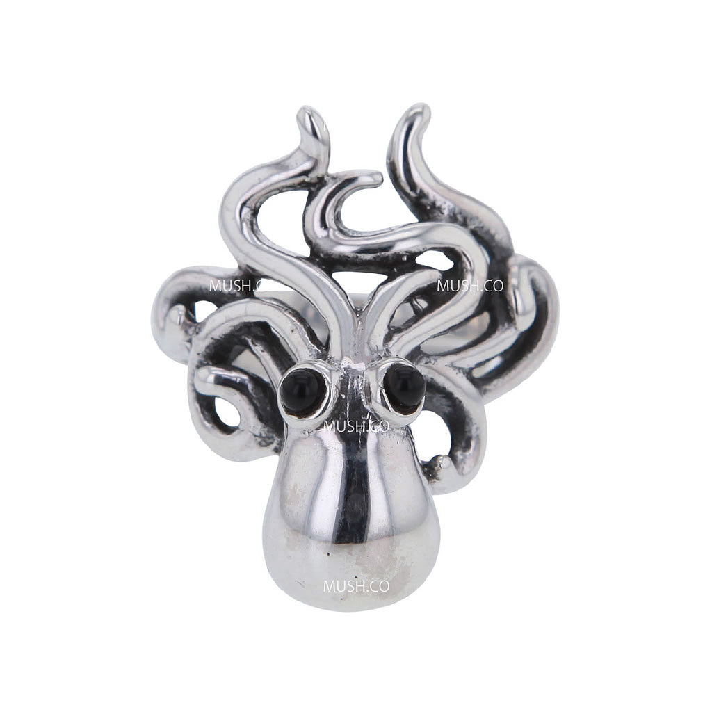 Baby Octopus Sculpted Sterling Silver Ring with Black Onyx Eyes