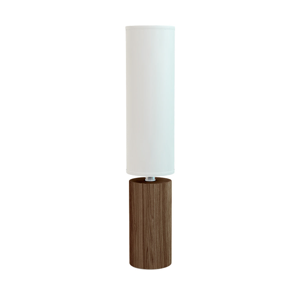 Table lamp with a wooden base and white shade on a light gray background