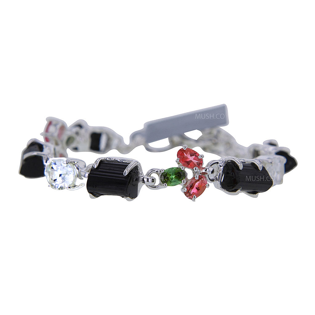 Black & Multi Color Tourmaline White Topaz Cabochon Link Bracelet