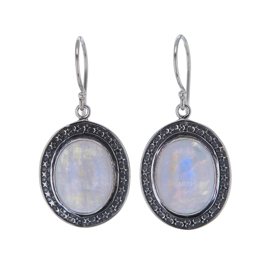 Oval Cabochon Moonstone Sterling Silver Earrings with Star Deatil