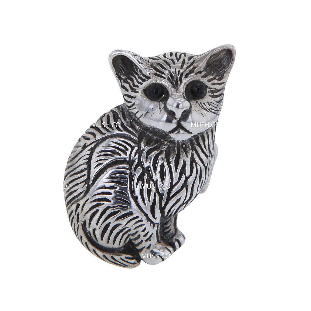 Kitty Cat Sculpted Sterling Silver Ring with Black Onyx Eyes