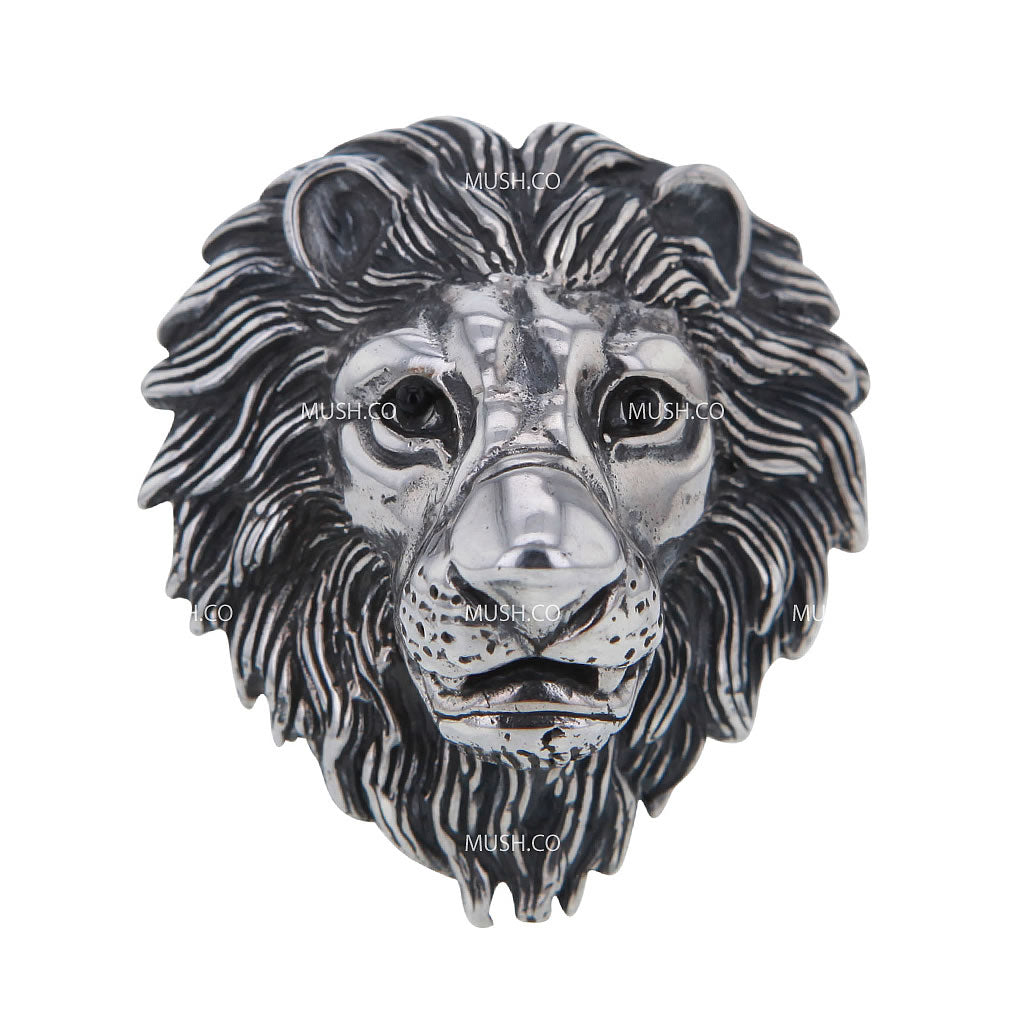 Lions Head Sterling Silver Ajustable Ring with Black Onyx Eyes