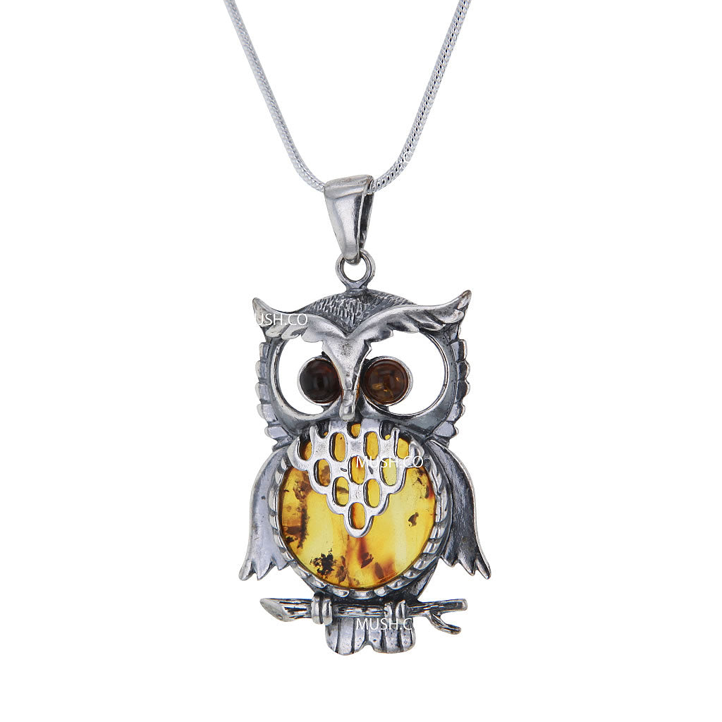 Wise Owl Pendant Necklace in Sterling & Amber