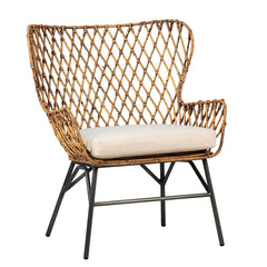 Wing Armchair in Rattan Weave & Black Metal Legs PAIR