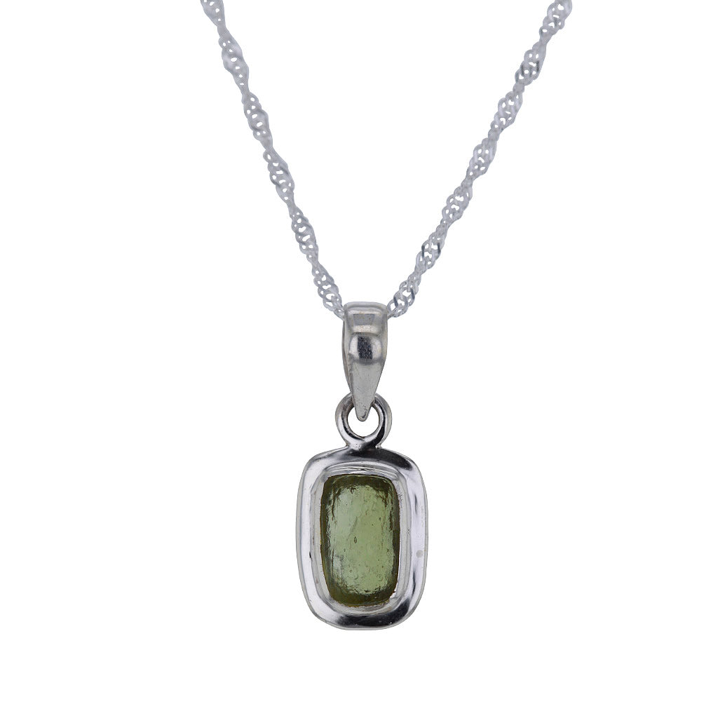 Rectangle Raw Moldavite Pendant Necklace in Sterling Silver