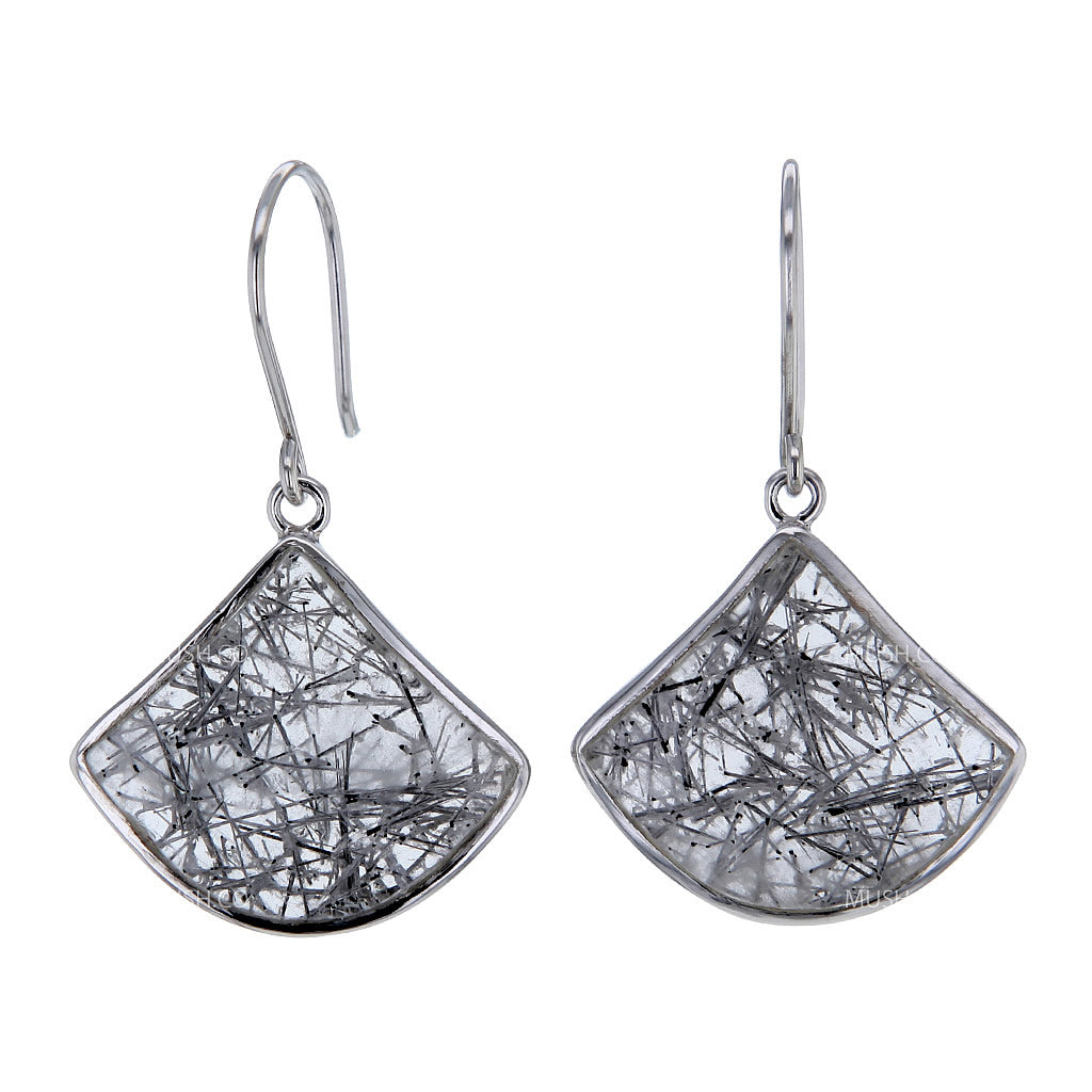 Black Tourmaline Rutilated Quartz Earrings in Rhodium Plated Sterling Silver