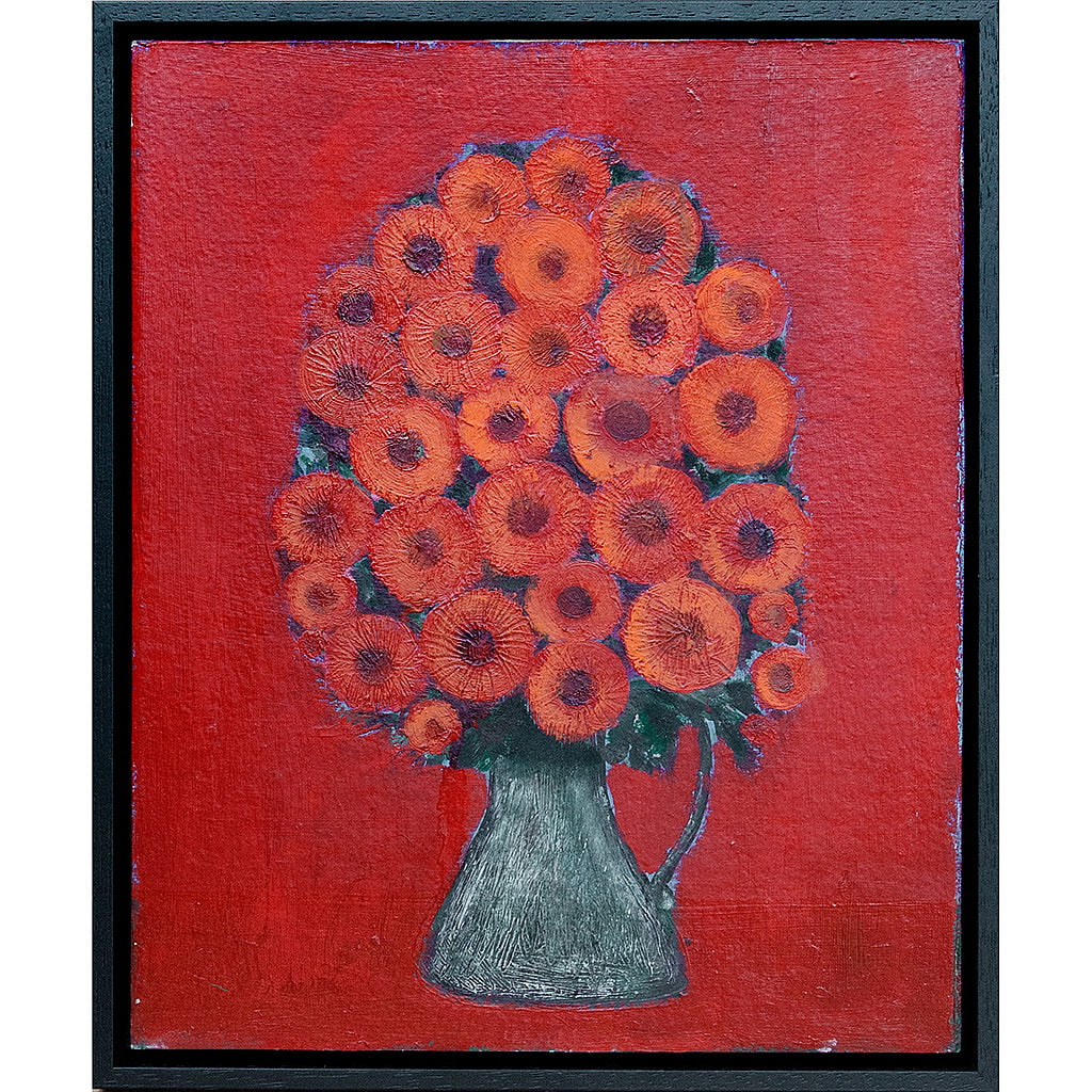 Gerberas on Red Vintage Oil Painting by Nikolay Nikov