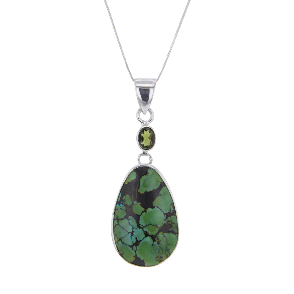 Tururquoise and Moldavite Pendant Necklace in Sterling Silver