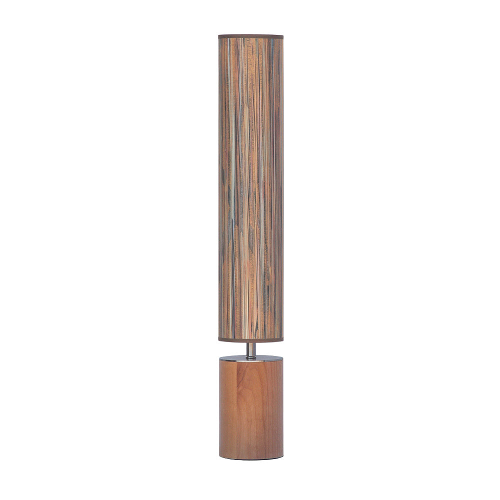 Wooden floor lamp with cylindrical design on a light gray background