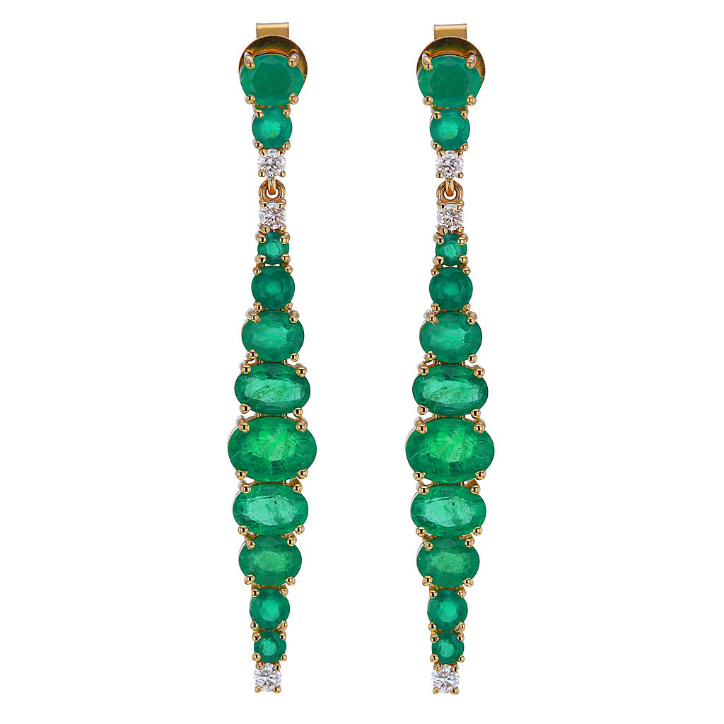 Faceted Emerald & Diamond Stack 14K Solid Gold Dangle Earrings