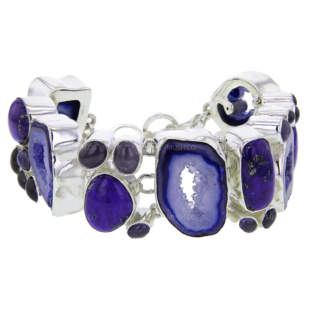 Agate Druze Lapis Amethyst Iolite and CZ Sterling Silver Link Bracelet