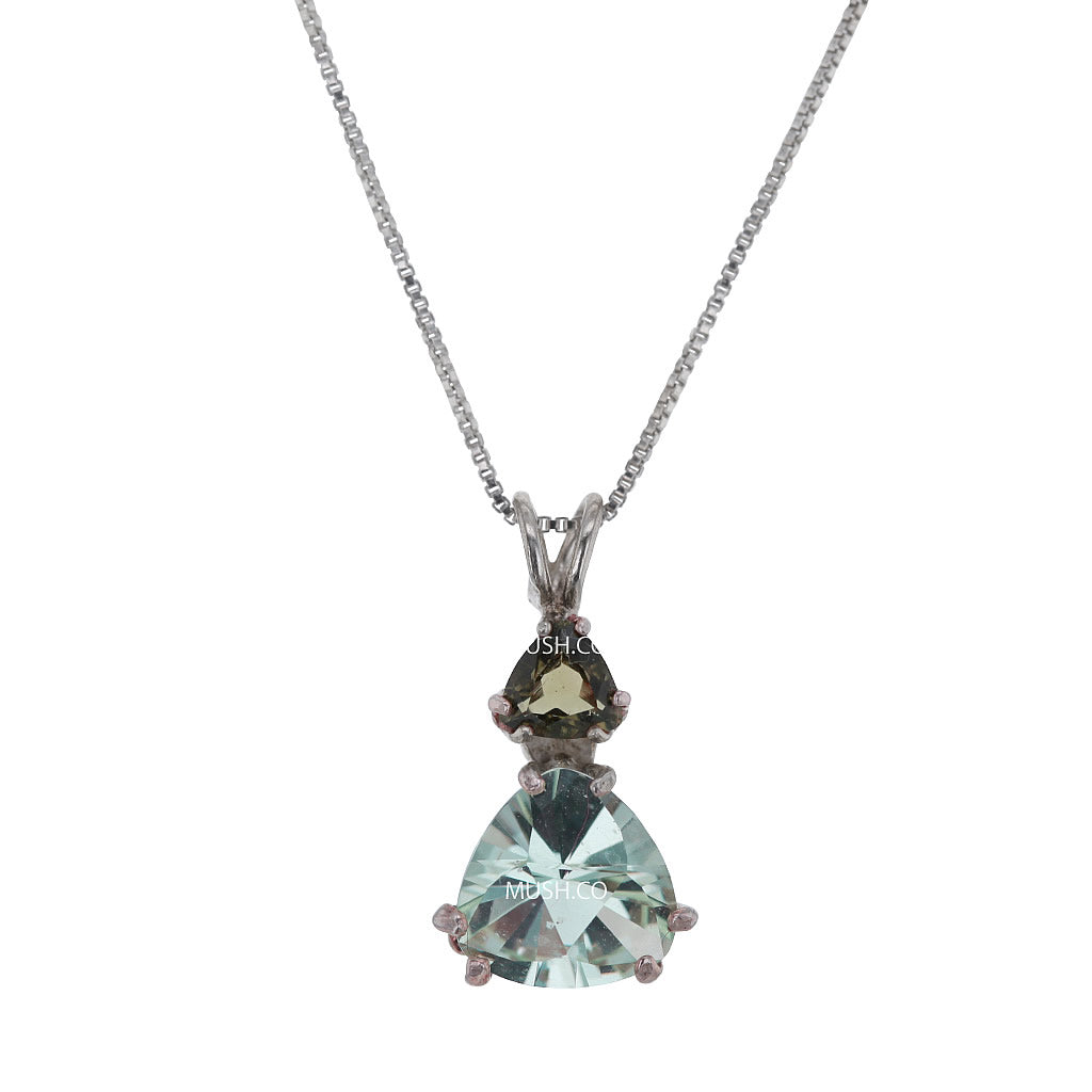 Trilliant Merkaba Cut Aqua Blue Obsidian & Moldavite Pendant Necklace in Sterling Silver