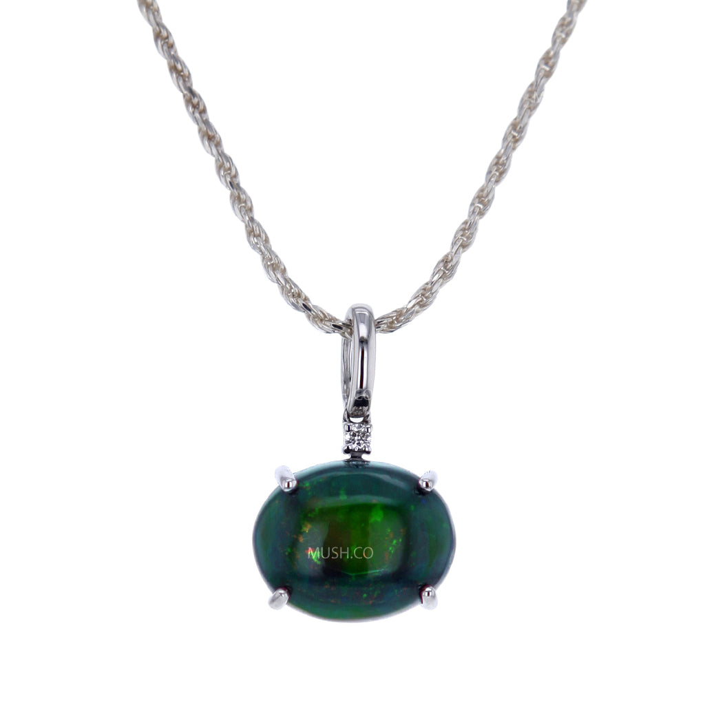 10ct Australian Black Opal Cabochon & Diamond Pendant in 14kt White Gold