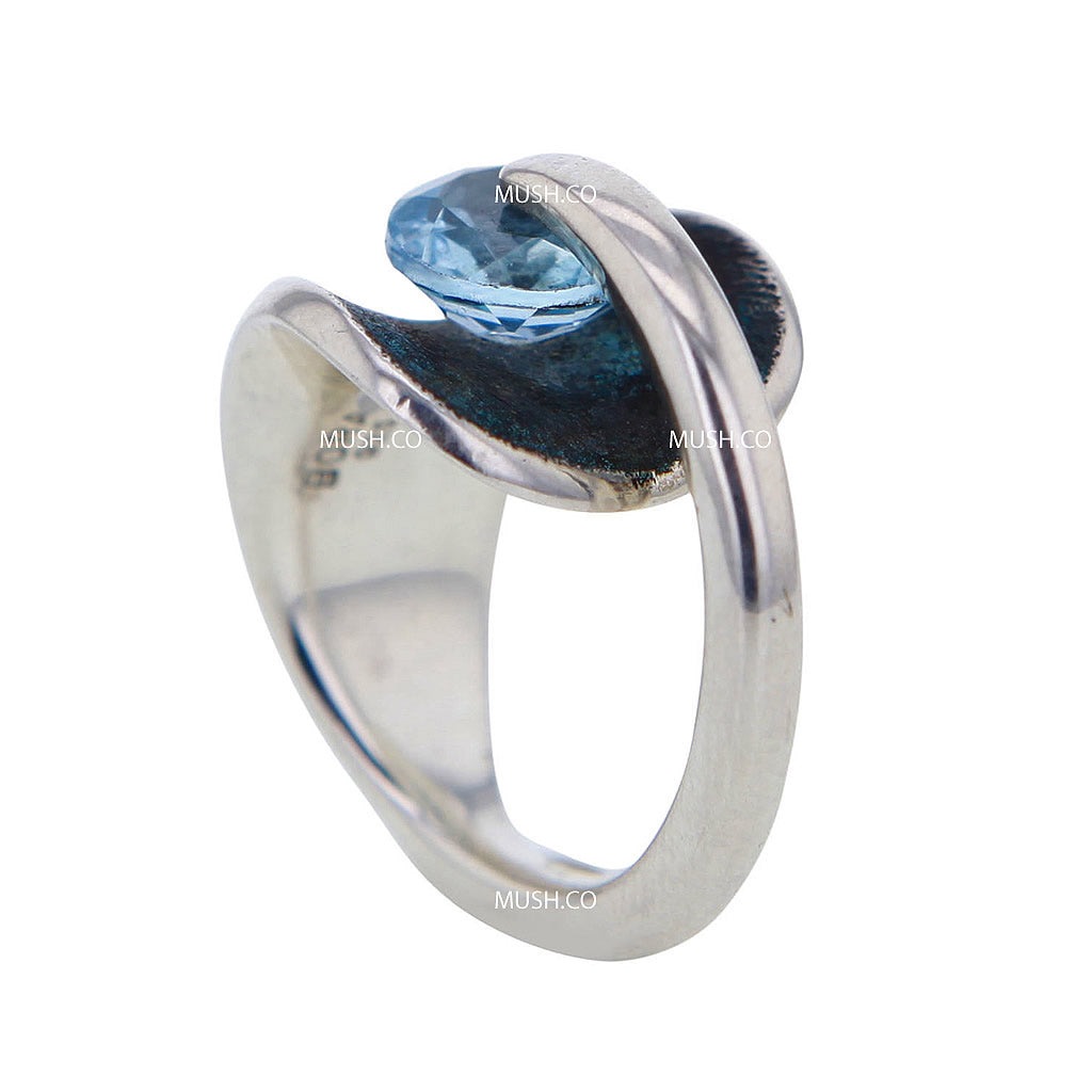 Round Blue Topaz Pressure Set in Sterling Silver Ring by Bora Size 7