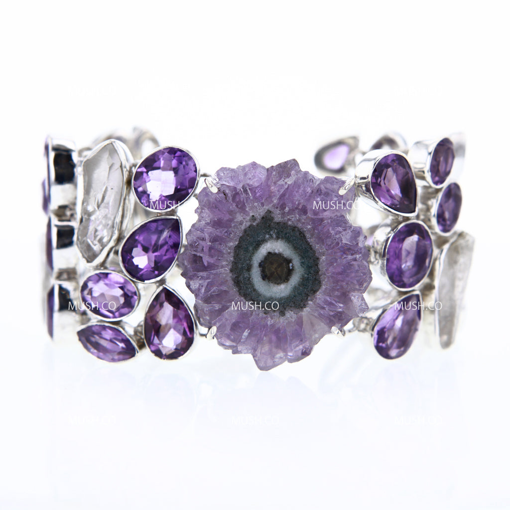 Stalactite & Faceted Amethyst and Quartz Sterling Silver Cuff Link Bracelet -v2
