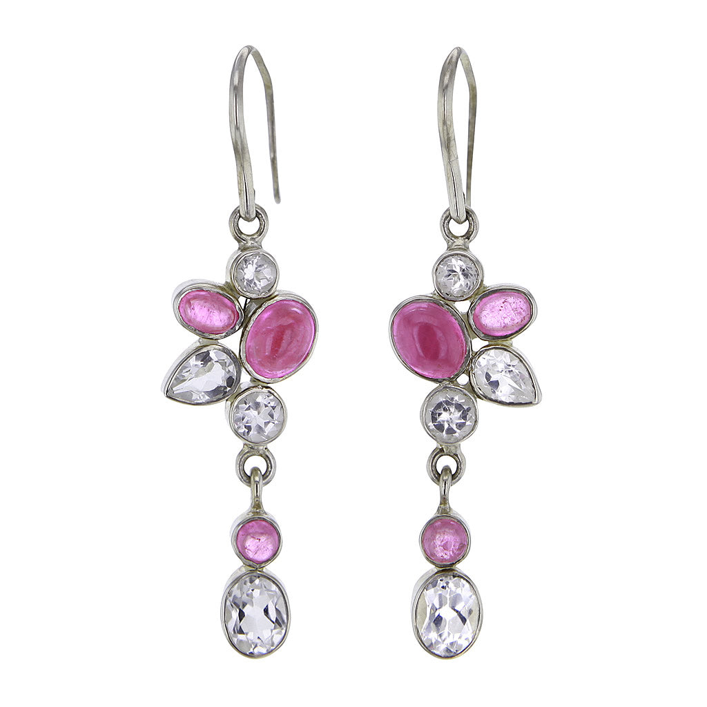 Faceted White Topaz & Ruby Crystal Earrings in Sterling Silver
