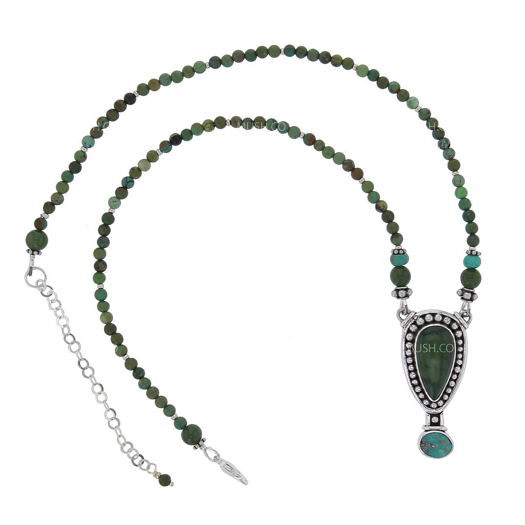 Alaskan Jade & Turquoise Pendant Necklace with Beaded Chain