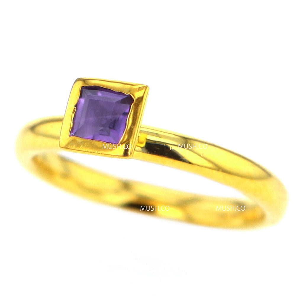 14K Gold Plated Sterling Silver Ring with Square Amethyst Crystal Size 7