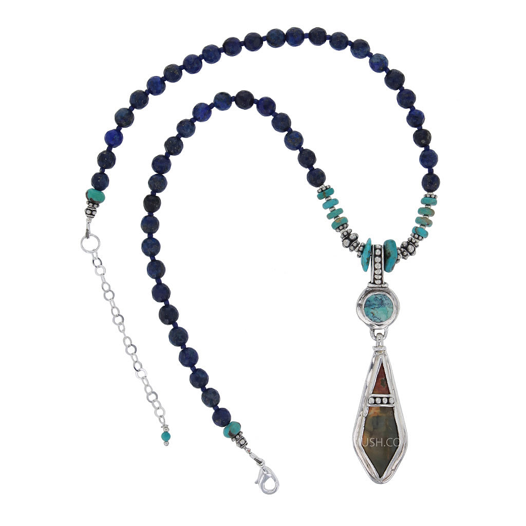 Ancient Fossil Artifact with Turquoise & Lapis Lazuli Beaded Necklace