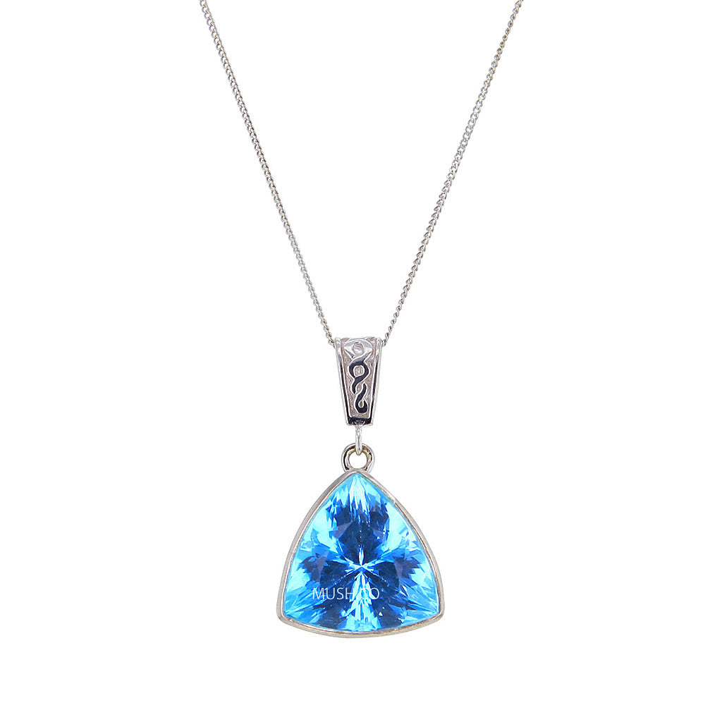 Triangular Trillion Cut Blue Topaz & Sterling Silver Pendant Necklace