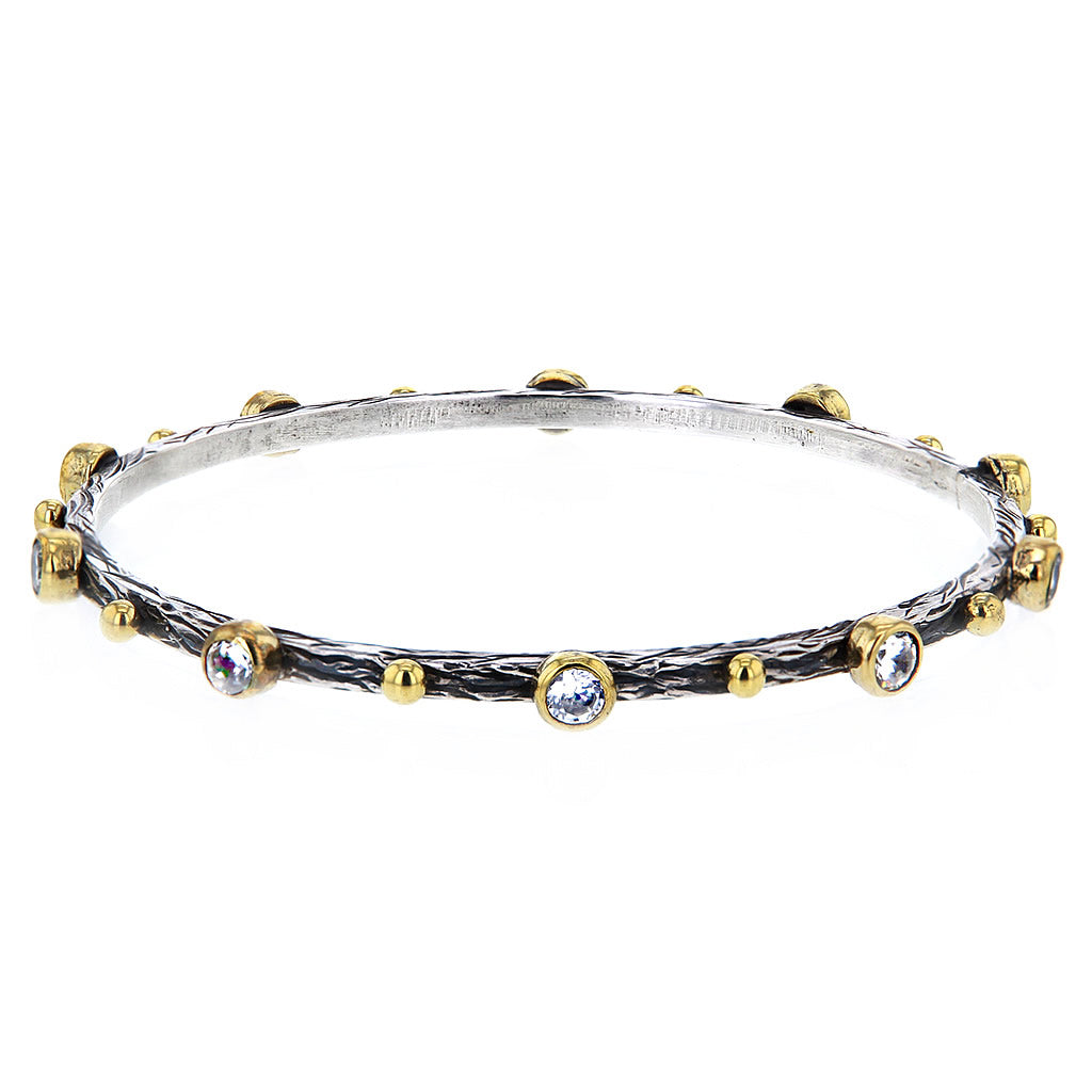 Hammered Sterling Silver Gold Plate and Crystal Studs Bangle by Bora