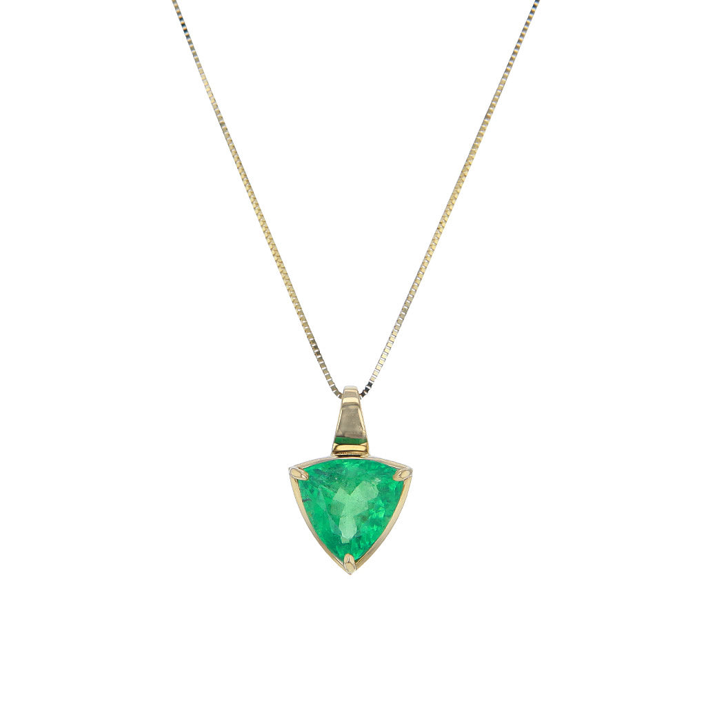 Trilliant Cut Natural Columbian Emerald in 14K Solid Gold Pendant Necklace