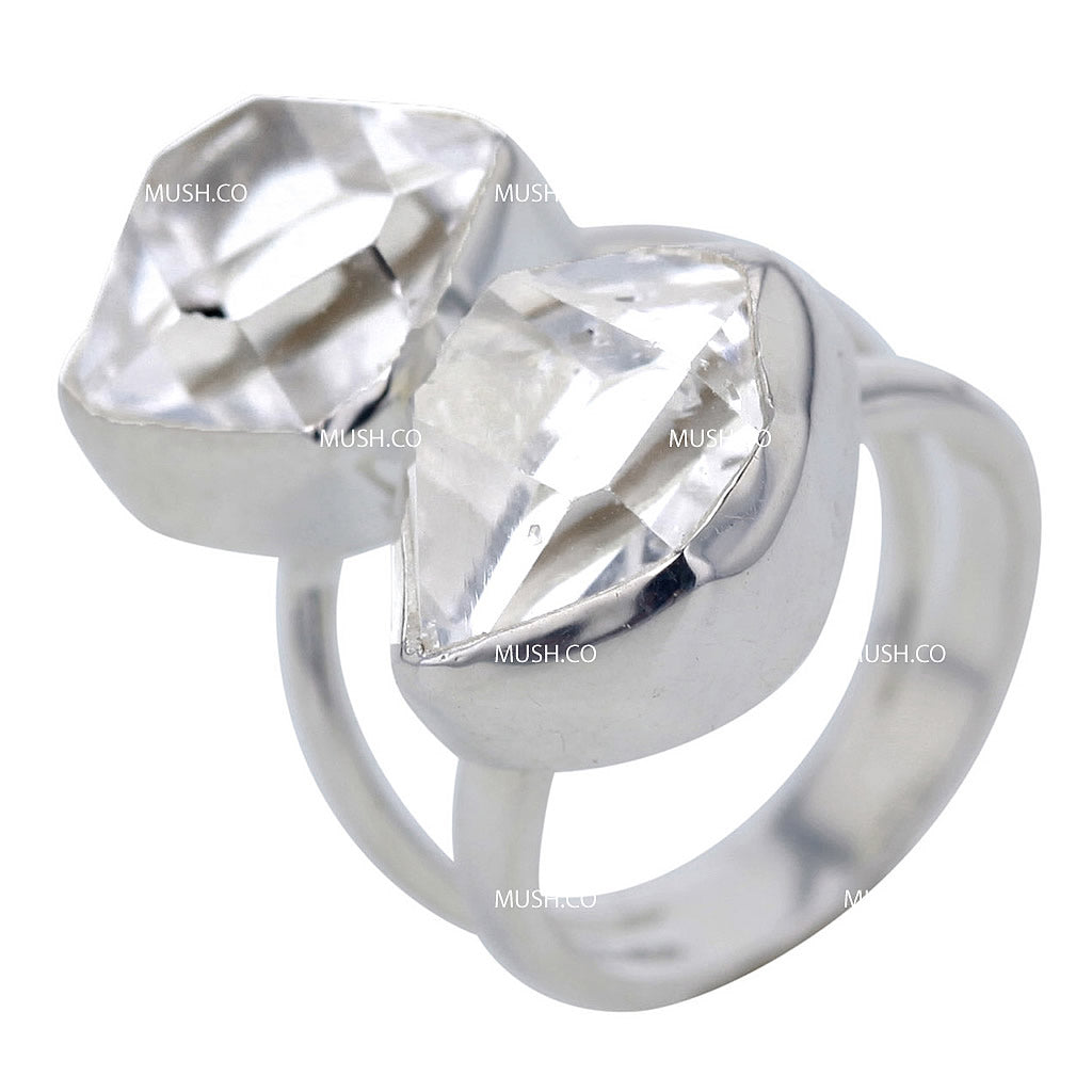 Duality Organic Faceted Herkimer Diamonds Sterling Silver Ring Size 5.5