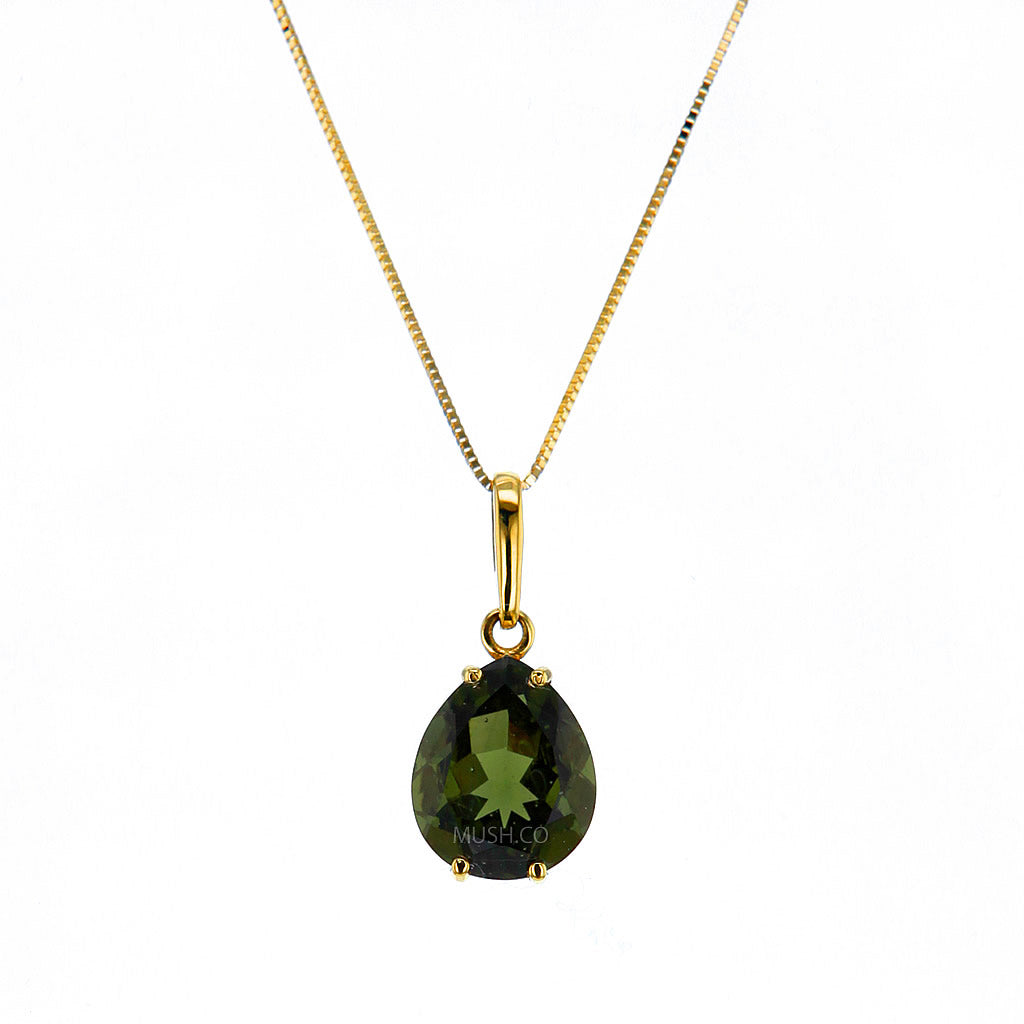Teardrop Moldavite Pendant Necklace in 14K Solid Gold