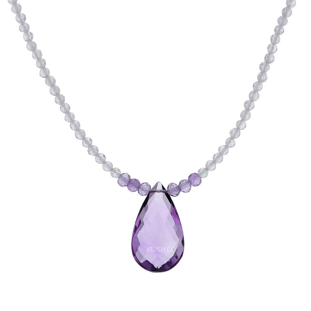 Faceted Drop Amethyst Pendant & Moonstone Beads Necklace