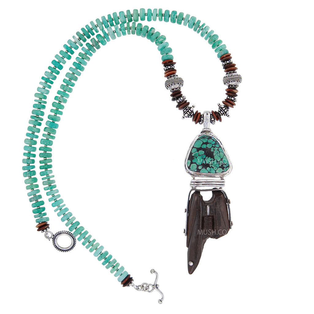 Ancient Harpoon Artifact Fossil Necklace with Green Turquoise Centerpiece