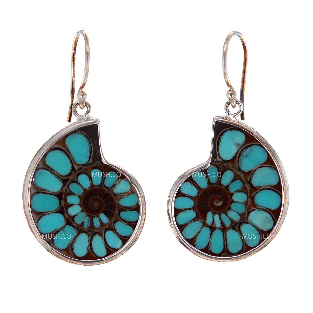 Natural Ammonite with Inlaid Turquoise Sterling Silver Earrings v2