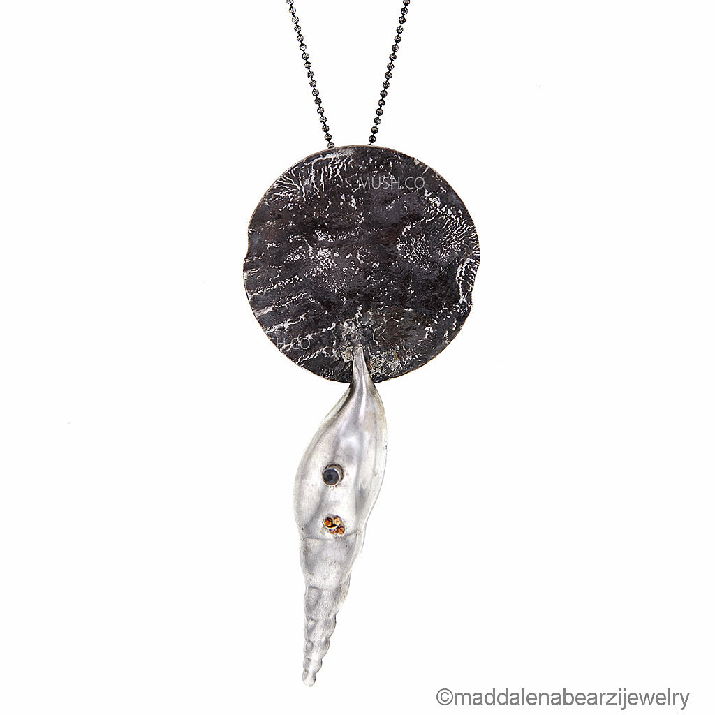 Conchiglia Spirale Italian Designer Necklace in Sterling Silver, Gold & Black Zircone