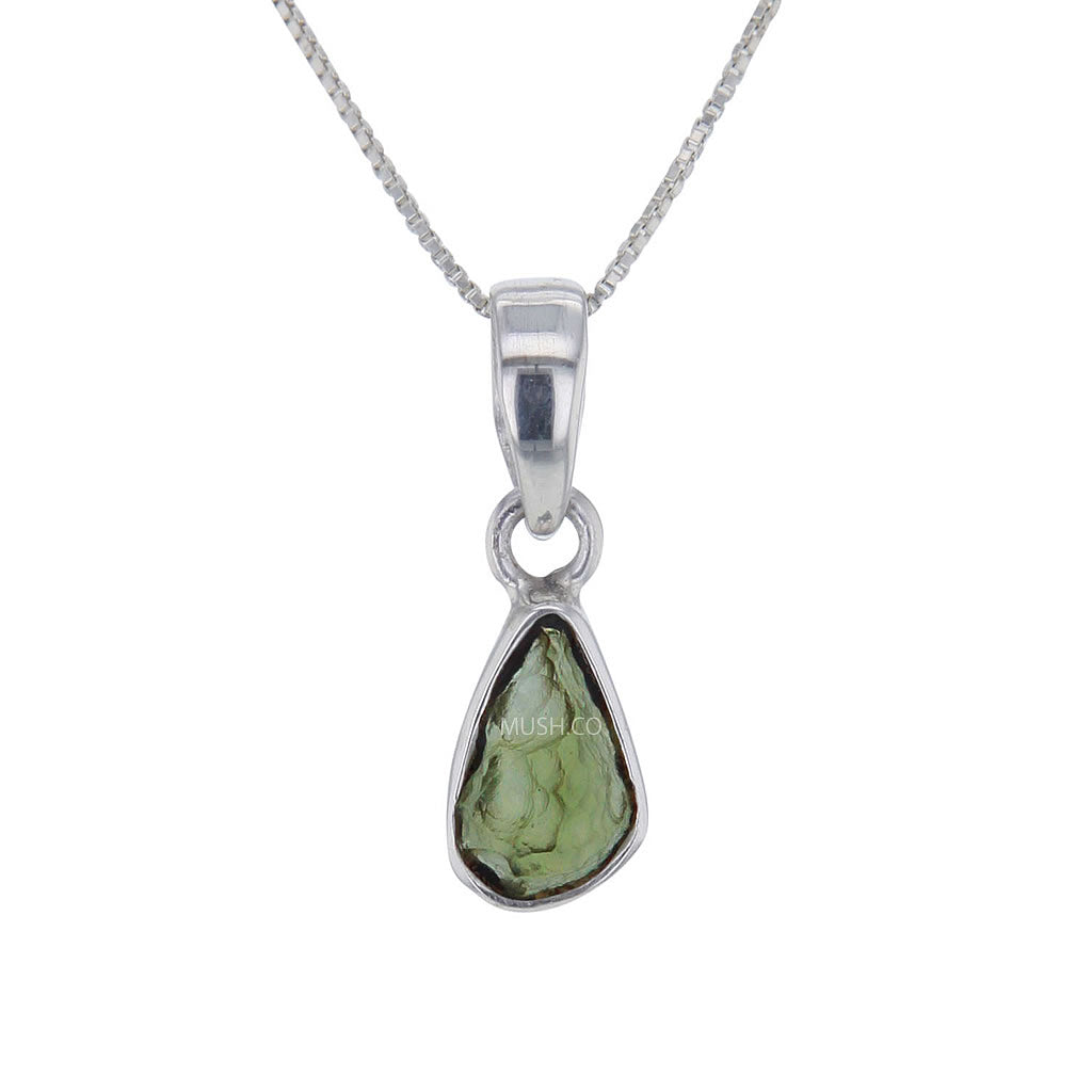 Live Edge Raw Moldavite Pendant Necklace in Sterling Silver v2