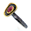 Raw Etched Black Rhodium Plated Sterling Silver Band with Pink Tourmaline Size 8