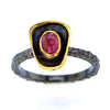 Raw Etched Black Rhodium Plated Sterling Silver Band with Pink Tourmaline Size 8