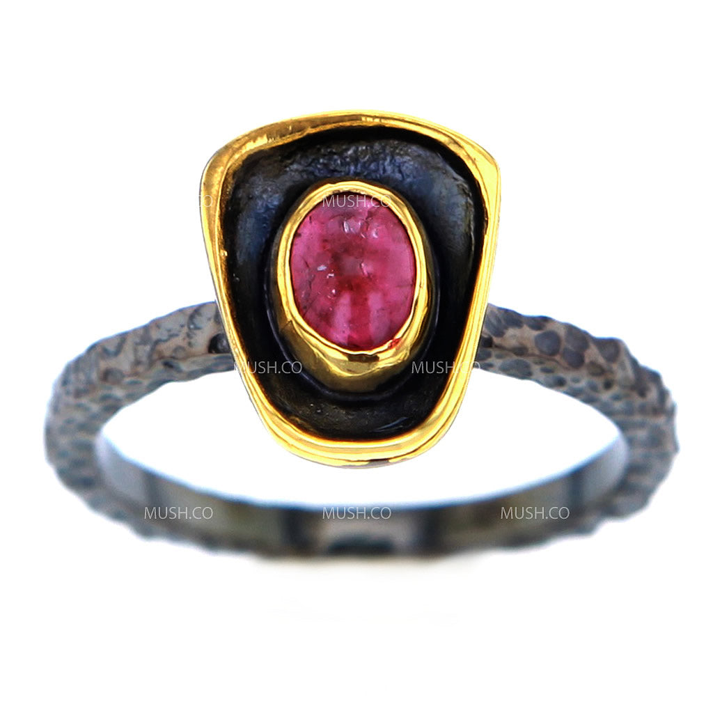 Raw Etched Black Rhodium Plated Sterling Silver Band with Pink Tourmaline Size 8