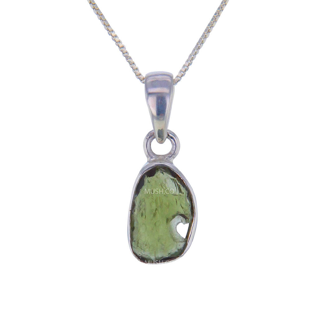 Live Edge Raw Moldavite Pendant Necklace in Sterling Silver v1