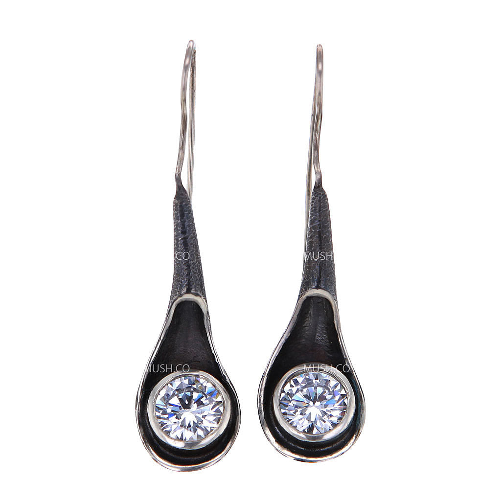 Unique Oxidized Sterling Silver Signity Crystal Earrings by Bora
