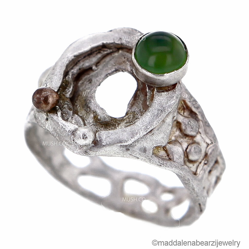 Organic Shaped Sterling Silver Ring with Serpentine Stone and 18K Gold Bauble Size 7