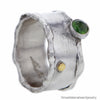 Italian Designer Sterling Silver Barrel Ring with Serpentine Stone and 18K Gold Bauble