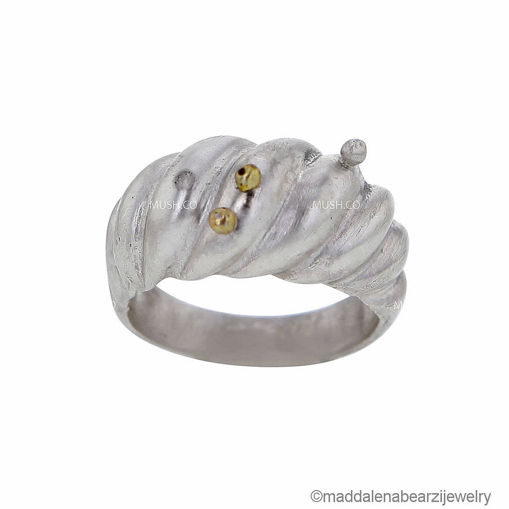 Organic Shaped Sterling Silver Ring with 18K Solid Gold Baubles Size 7