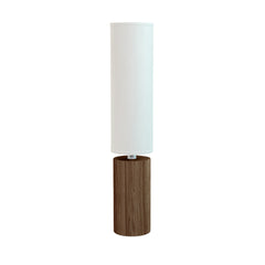 Table lamp with a wooden base and white shade on a light gray background