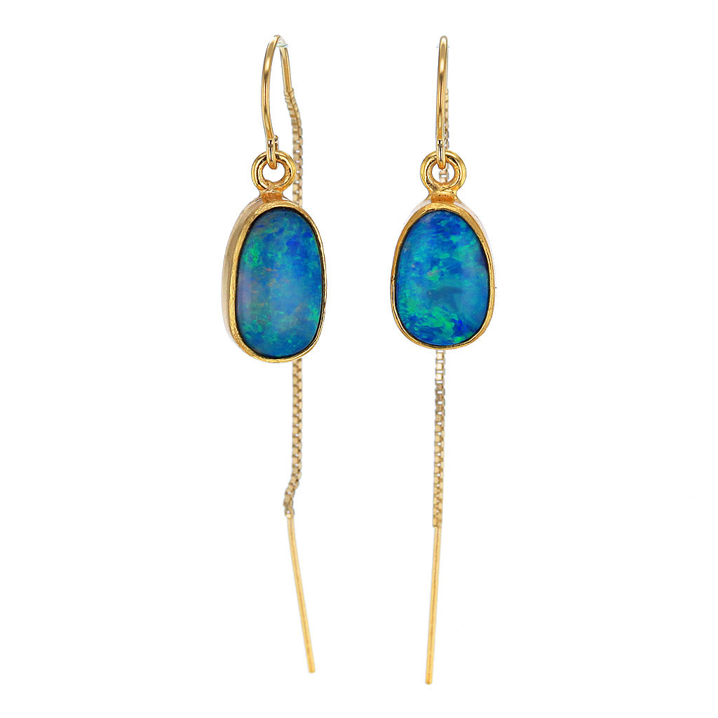 Aqua Blue Opal Threader Earrings in 14K GF