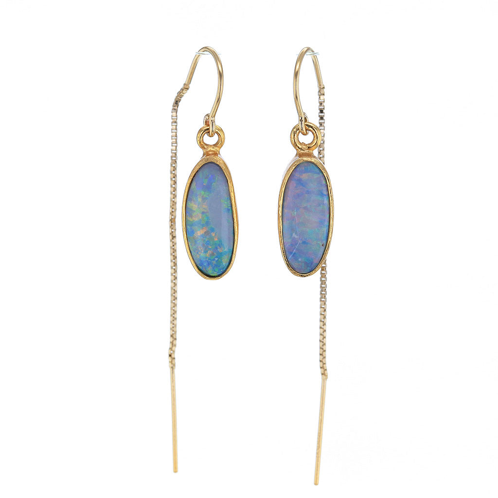 Blue Opal Threader Earrings in GP 14K Gold