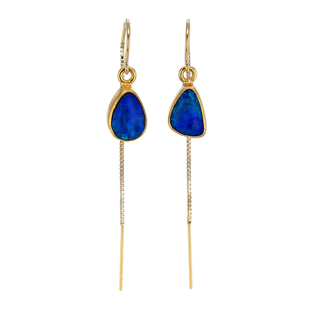 Galaxy Blue Opal Threader Earrings in 14K GF