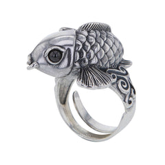 錦鯉魚雕刻純銀戒指帶黑瑪瑙眼睛