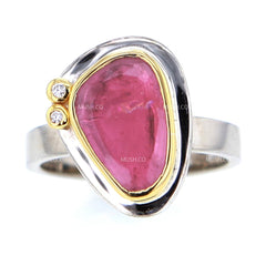 24K 純金鑲嵌粉紅電氣石和鑽石純銀結婚戒指