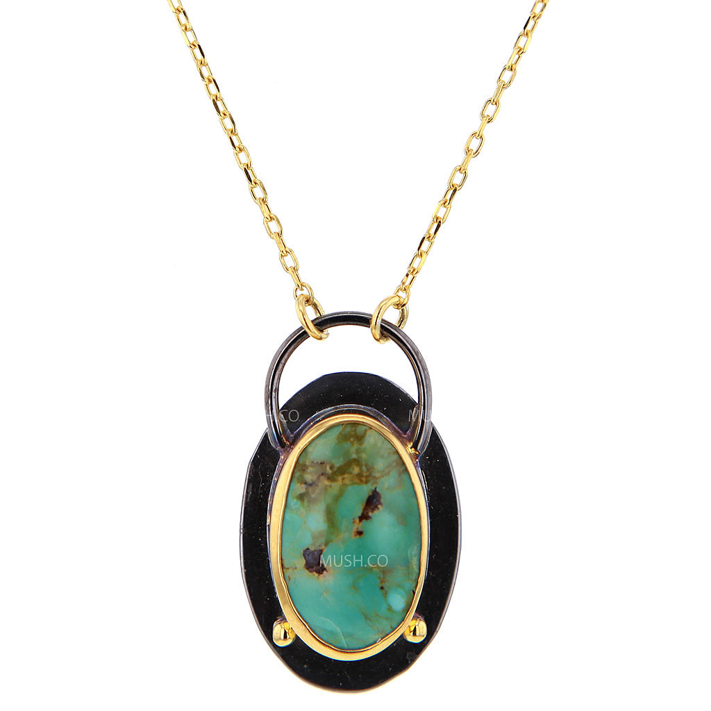 Black Rhodium Plate & 14K Gold Plate Oval Turquoise Pendant Necklace