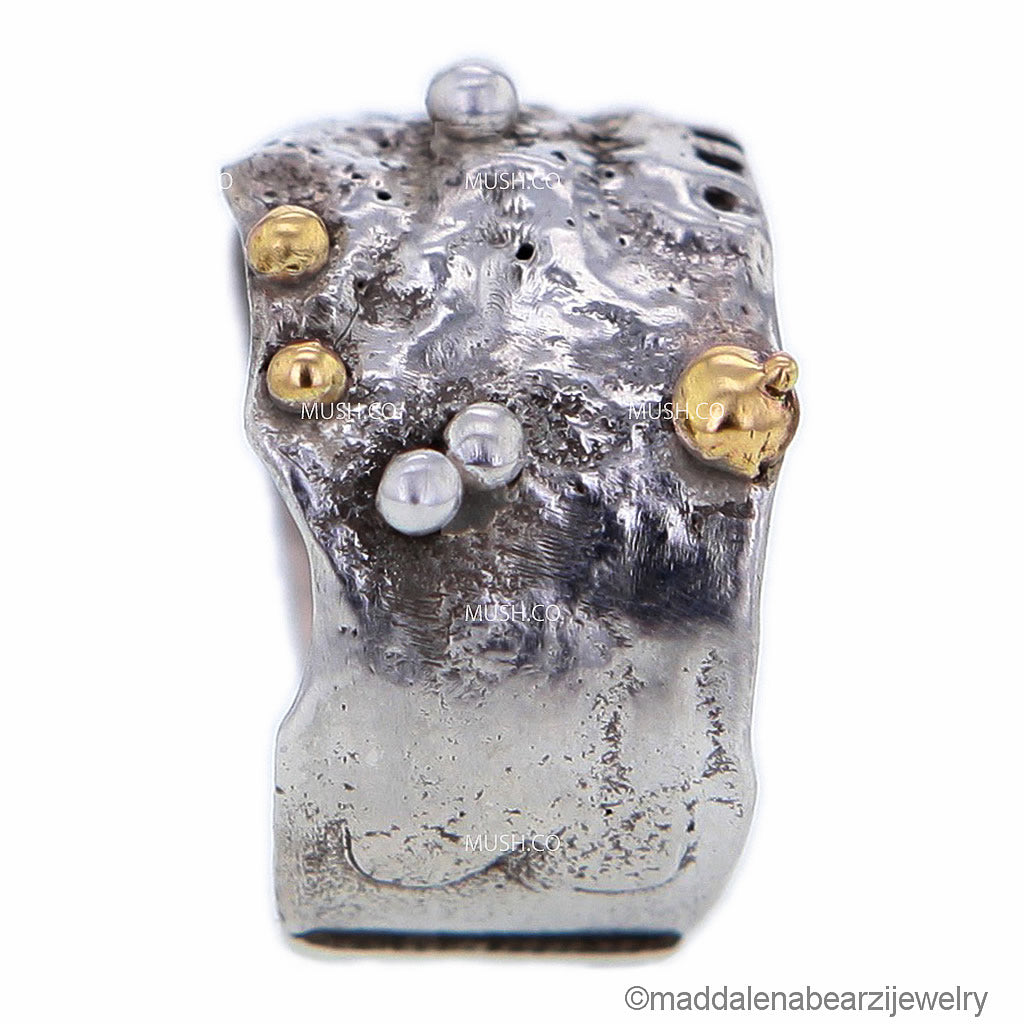 Moderner abstrakter Ring aus Sterlingsilber mit Kugeln aus 14-karätigem Gold, Größe 7