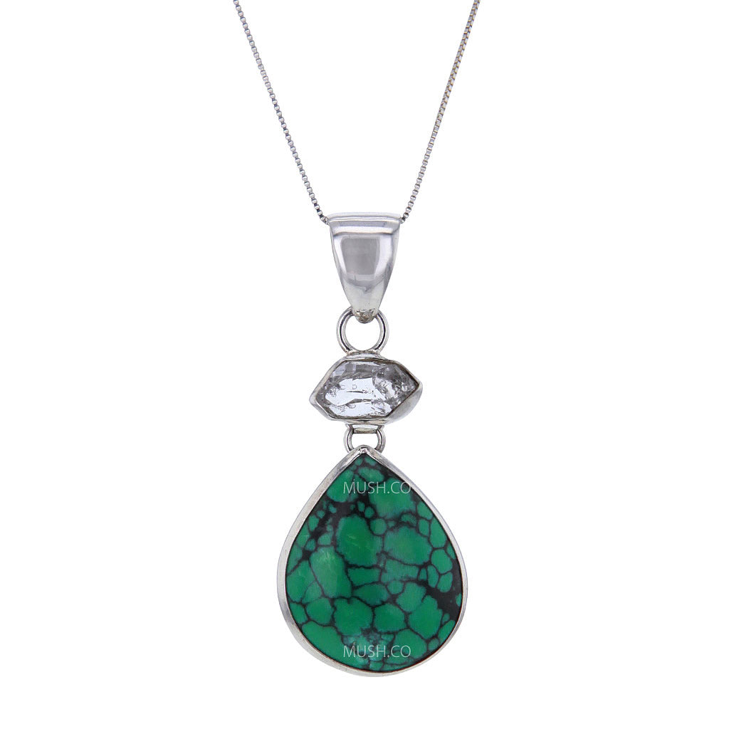 Tropfenförmige Carico Lake Green Türkis &amp; Herkimer Diamant Anhänger Halskette v1